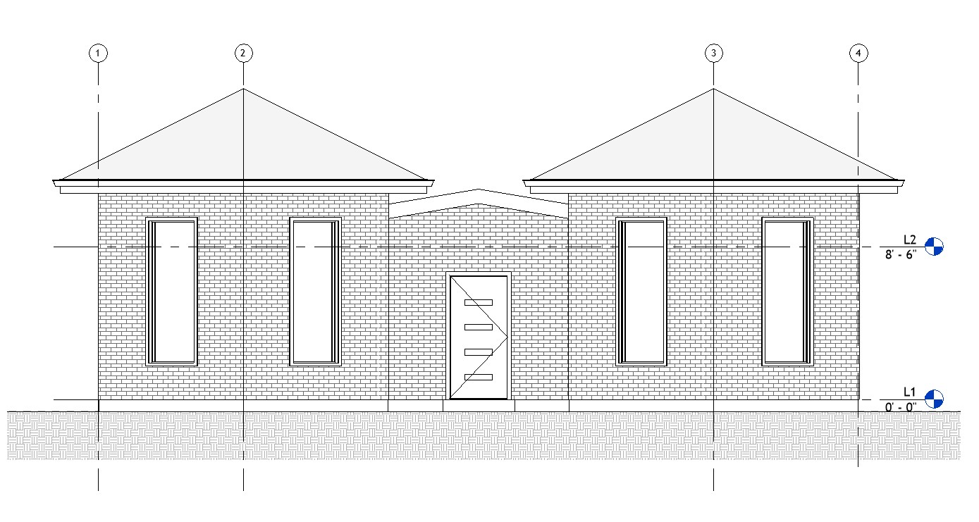 Front elevation drawing of a 750 sq ft 1-bedroom California ADU plan