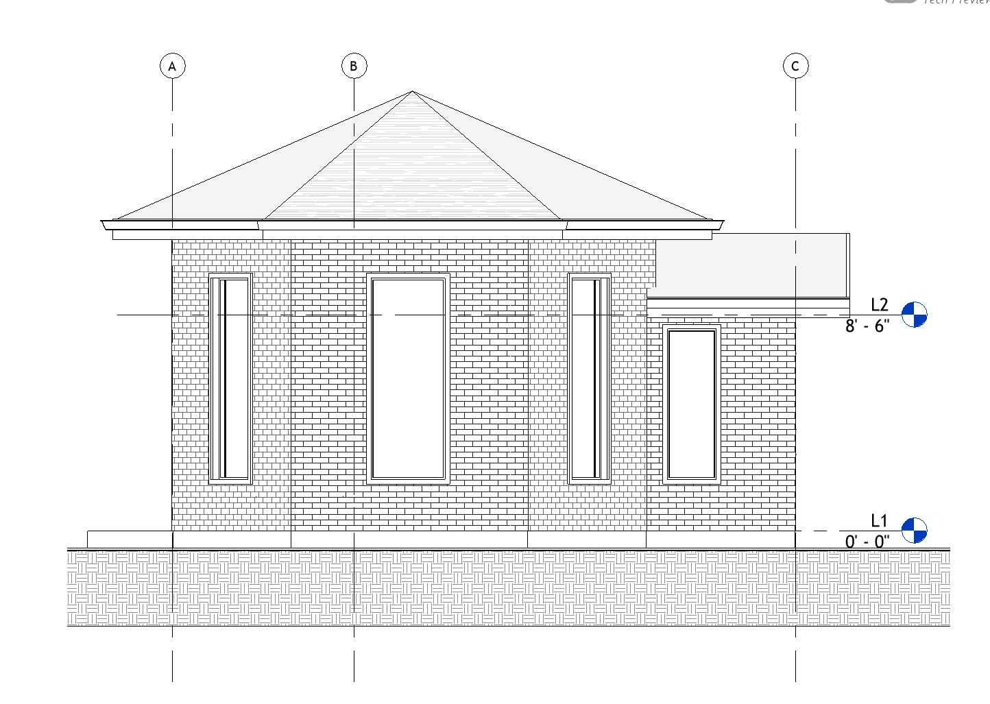 Left side elevation drawing of a 750 sq ft 1-bedroom California ADU plan