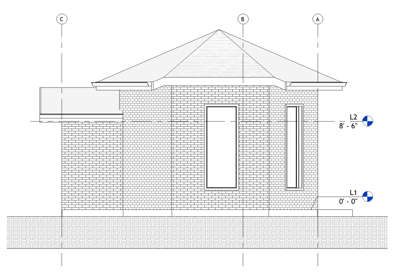 Right side elevation drawing of a 750 sq ft 1-bedroom California ADU plan