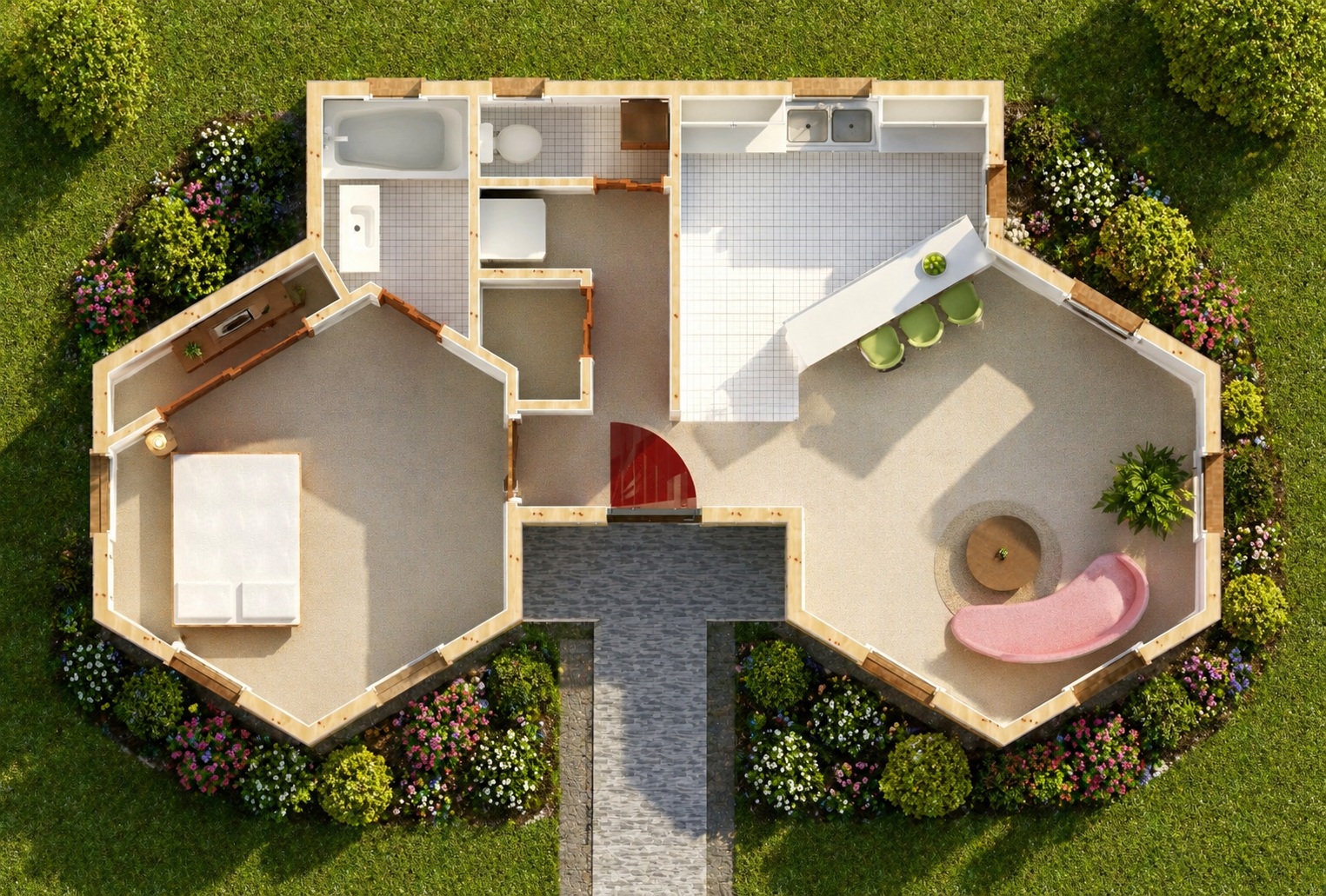 Interior cutaway showing wall partitions and layout of a 750 sq ft 1-bedroom California ADU plan