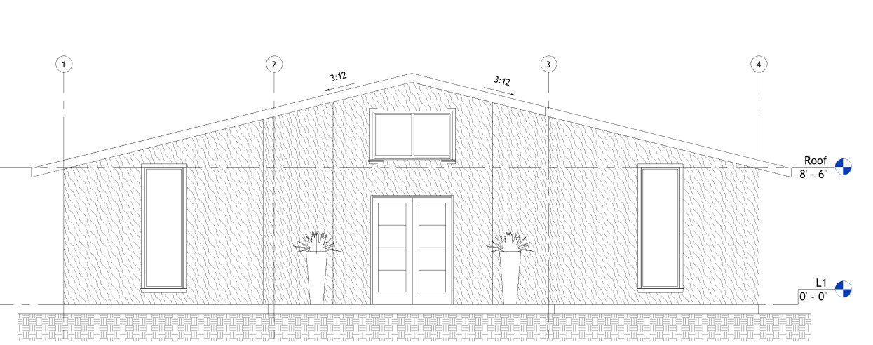 Front elevation drawing of a 862 sq ft 1-bedroom California ADU plan