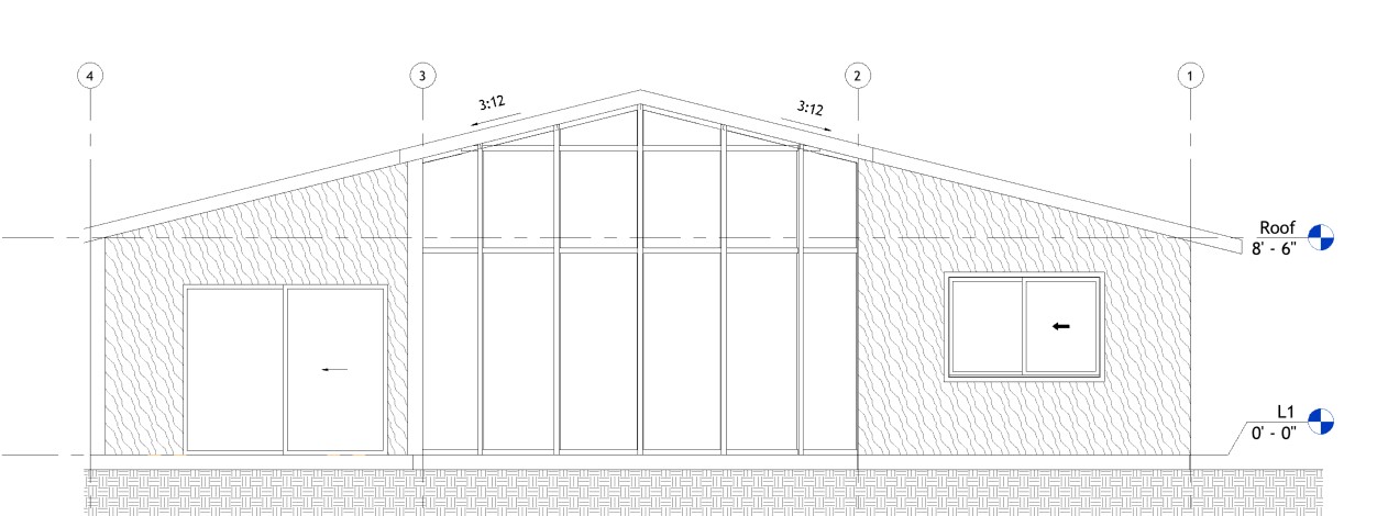 Rear elevation drawing of a 862 sq ft 1-bedroom California ADU plan