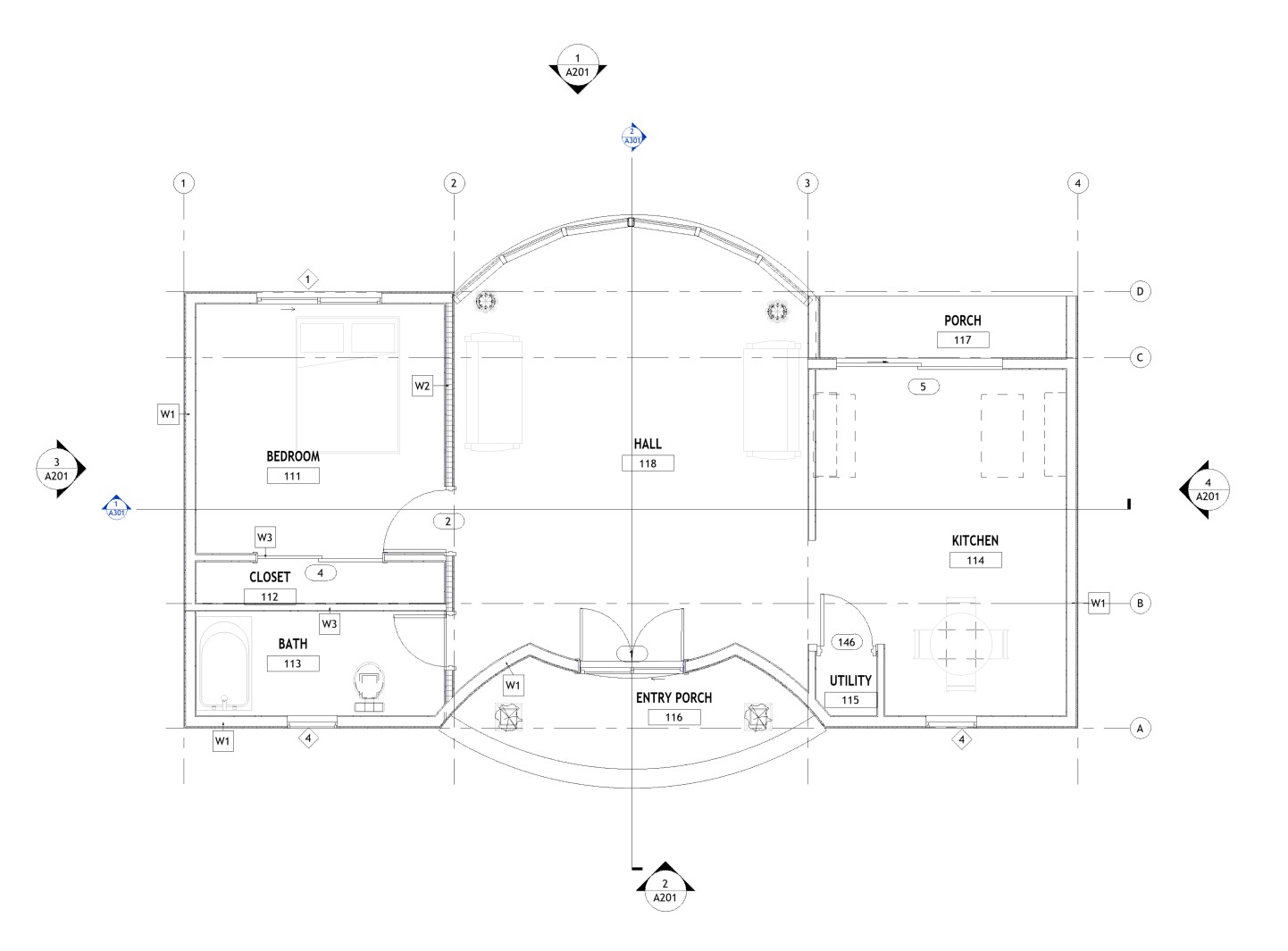 Floor plan layout of a 862 sq ft 1-bedroom 1-story California ADU plan