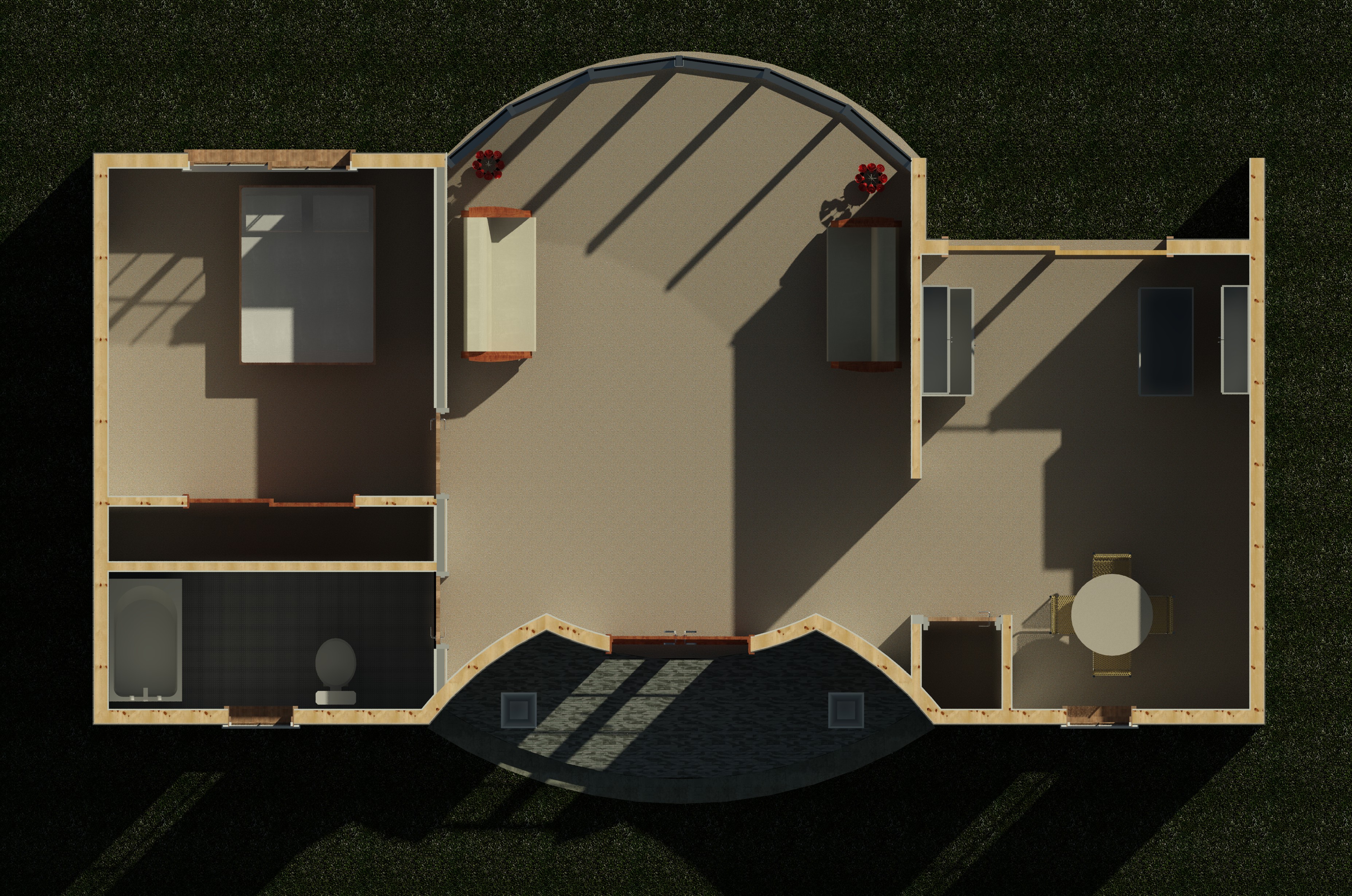 Interior cutaway showing wall partitions and layout of a 862 sq ft 1-bedroom California ADU plan