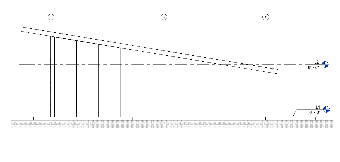 Left side elevation drawing of a 866 sq ft 1-bedroom California ADU plan