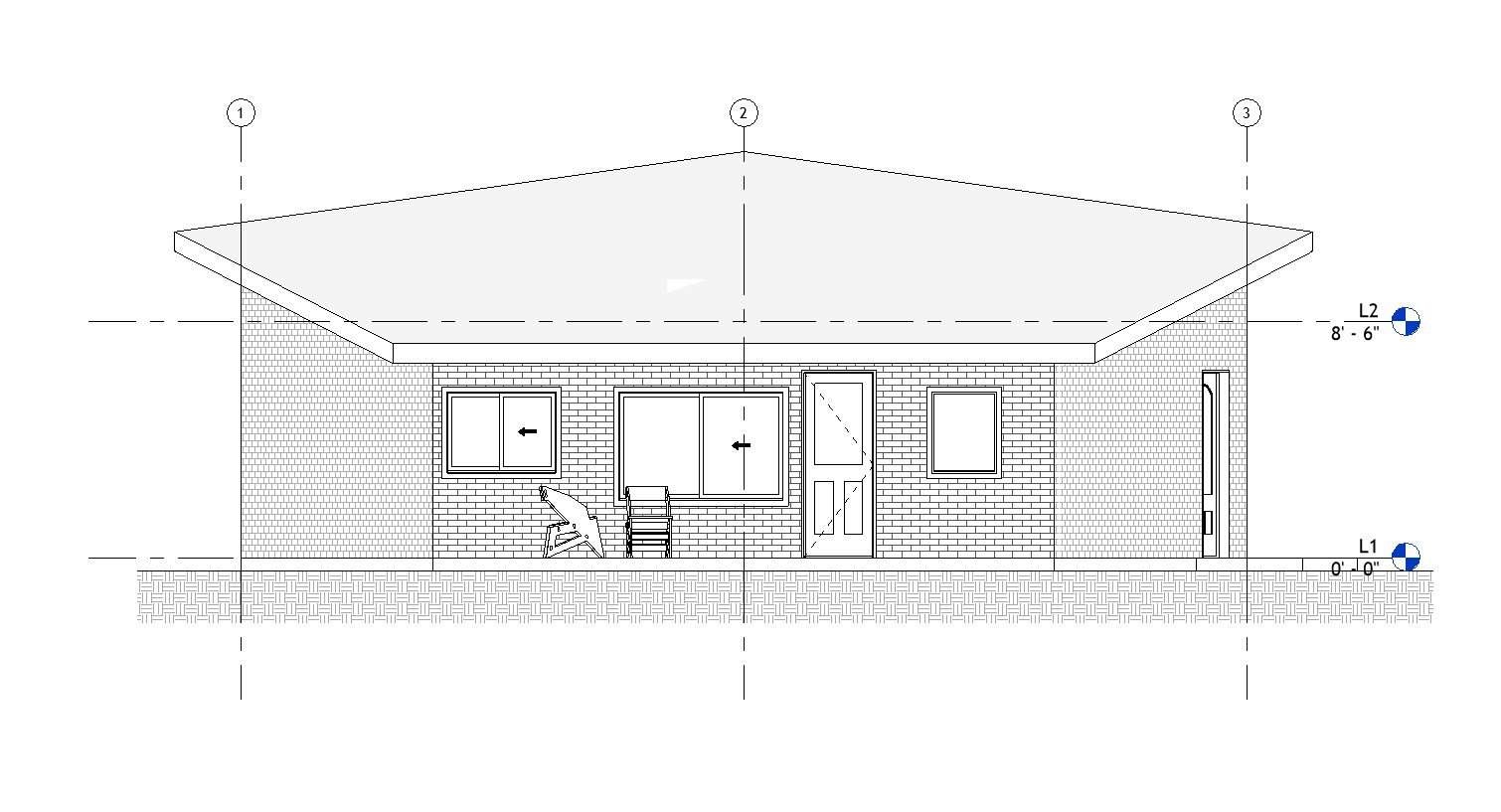 Rear elevation drawing of a 866 sq ft 1-bedroom California ADU plan