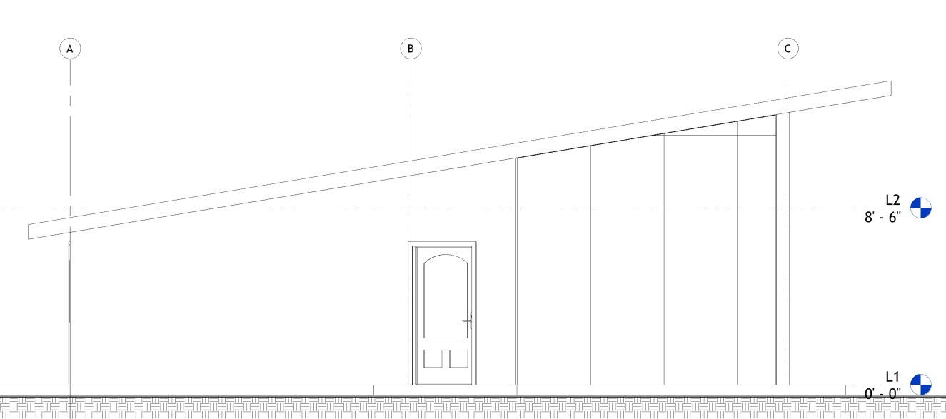 Right side elevation drawing of a 866 sq ft 1-bedroom California ADU plan