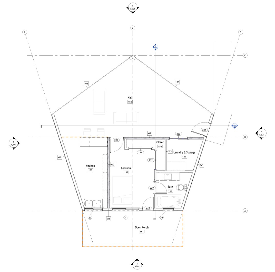 Floor plan layout of a 866 sq ft 1-bedroom 1-story California ADU plan