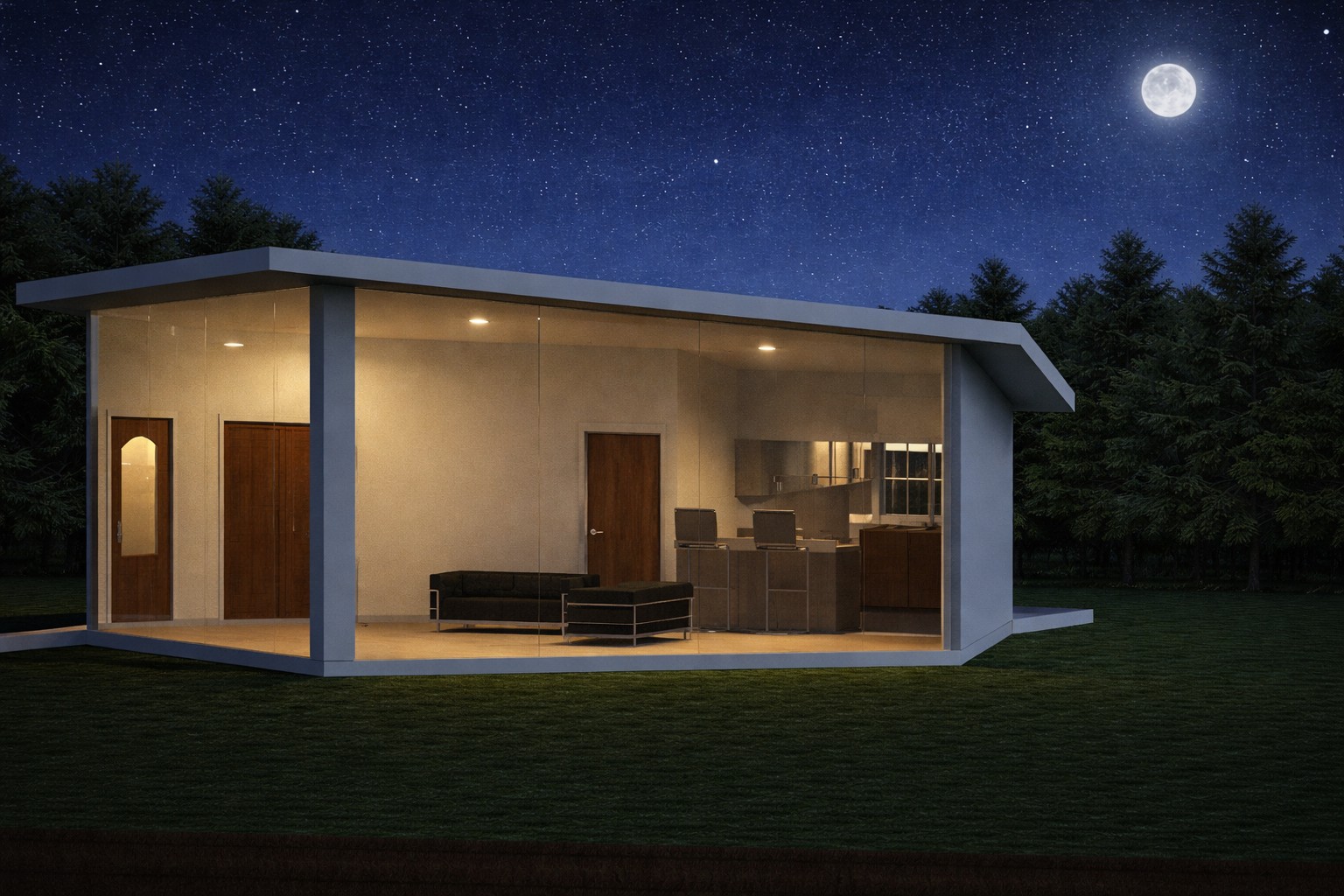 Front 3D isometric rendering of a 866 sq ft 1-bedroom 1-story ADU plan in California