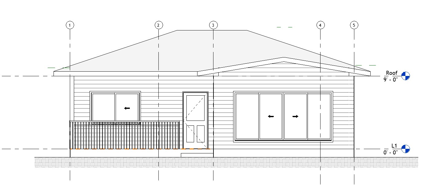 Front elevation drawing of a 869 sq ft 1-bedroom California ADU plan