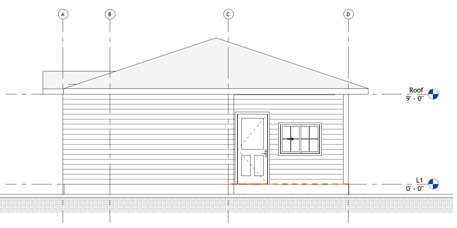 Left side elevation drawing of a 869 sq ft 1-bedroom California ADU plan