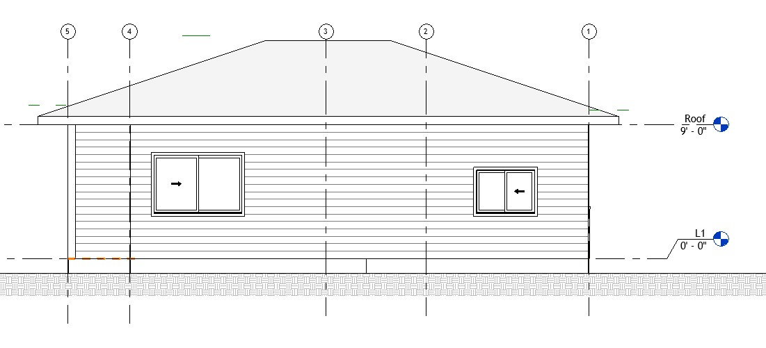 Rear elevation drawing of a 869 sq ft 1-bedroom California ADU plan