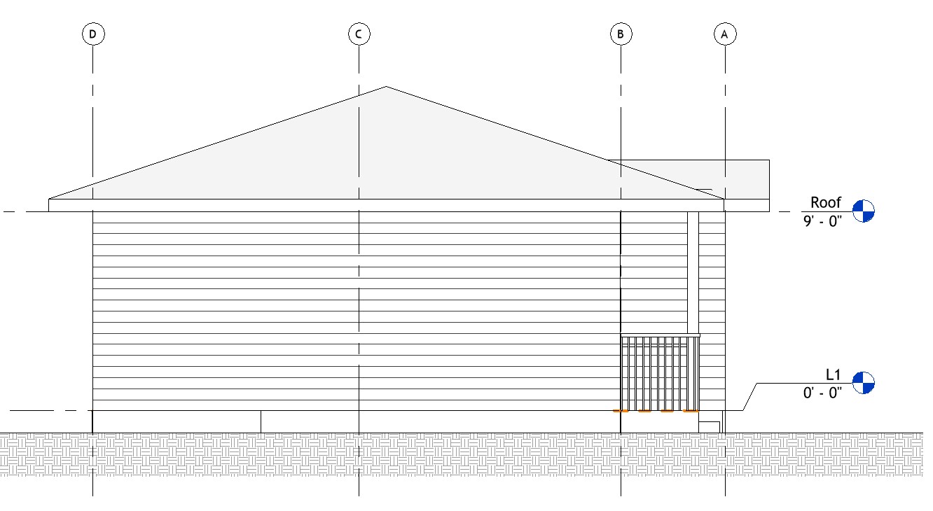 Right side elevation drawing of a 869 sq ft 1-bedroom California ADU plan