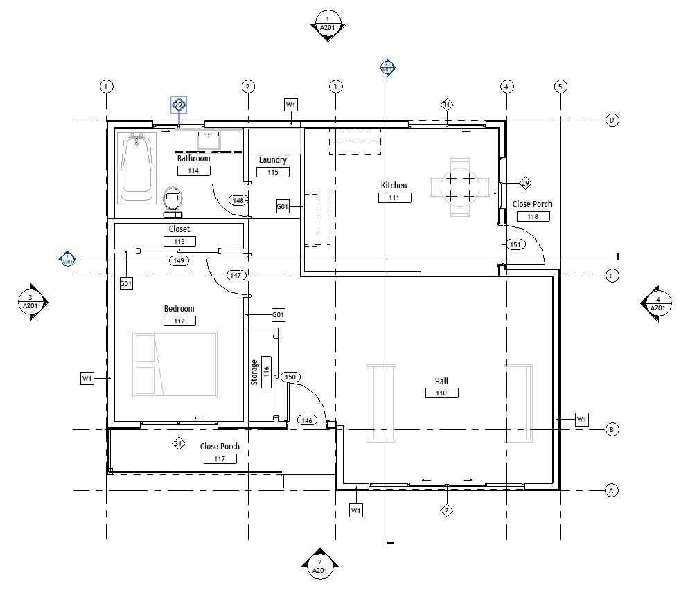 Floor plan layout of a 869 sq ft 1-bedroom 1-story California ADU plan