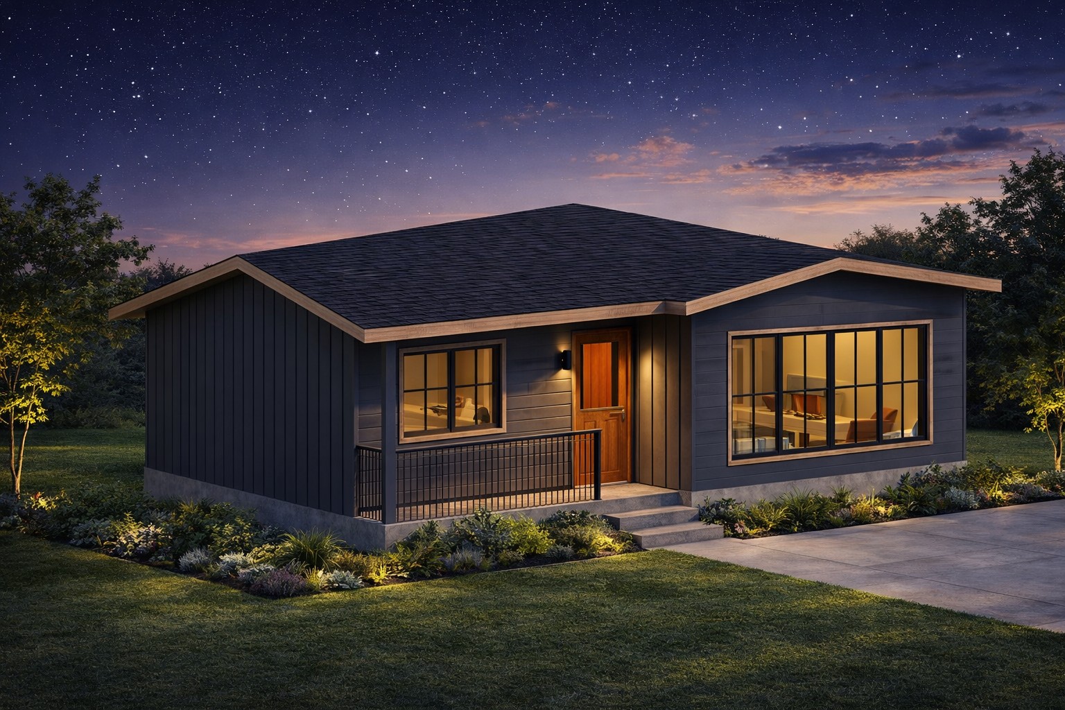 Front 3D isometric rendering of a 869 sq ft 1-bedroom 1-story ADU plan in California