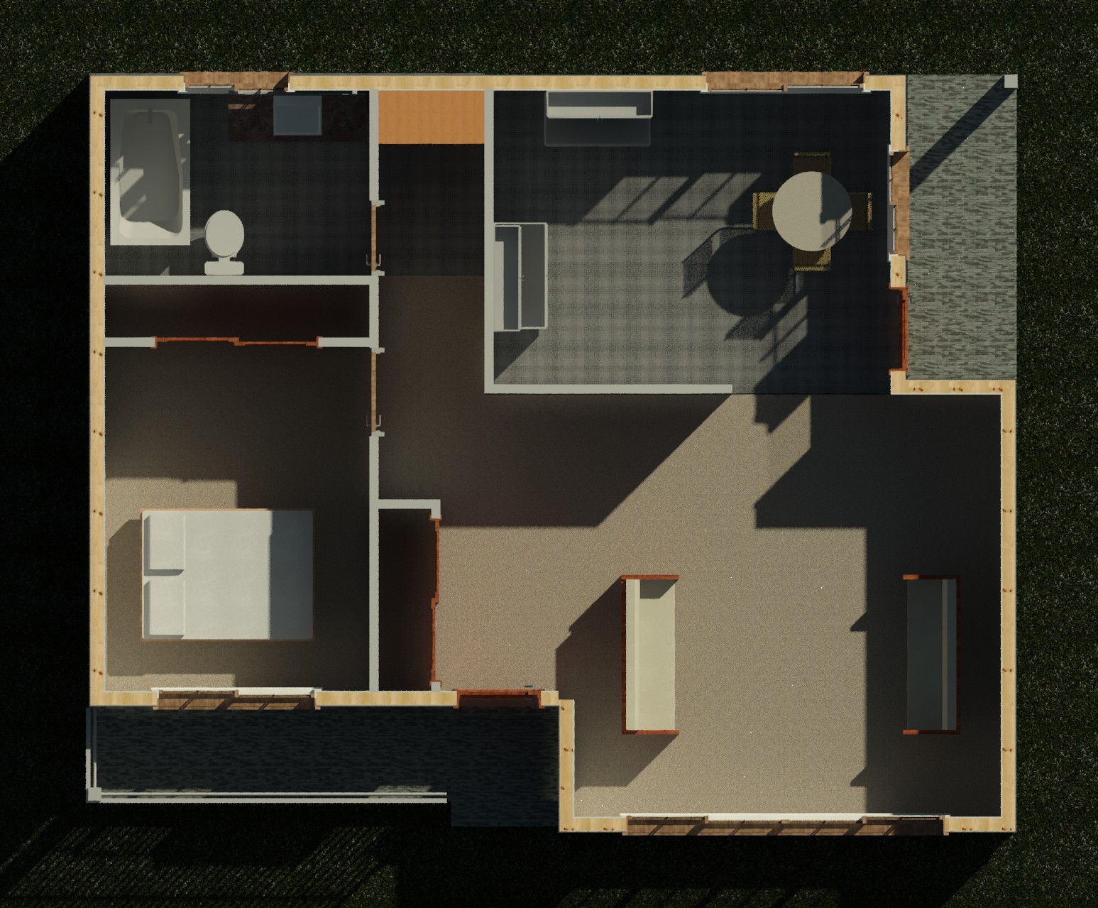 Interior cutaway showing wall partitions and layout of a 869 sq ft 1-bedroom California ADU plan