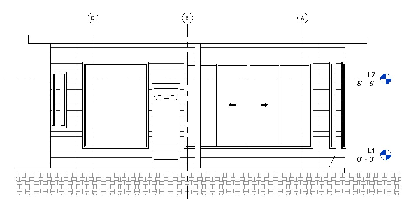 Left side elevation drawing of a 1000 sq ft 2-bedroom California ADU plan