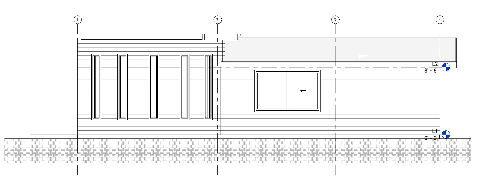 Rear elevation drawing of a 1000 sq ft 2-bedroom California ADU plan