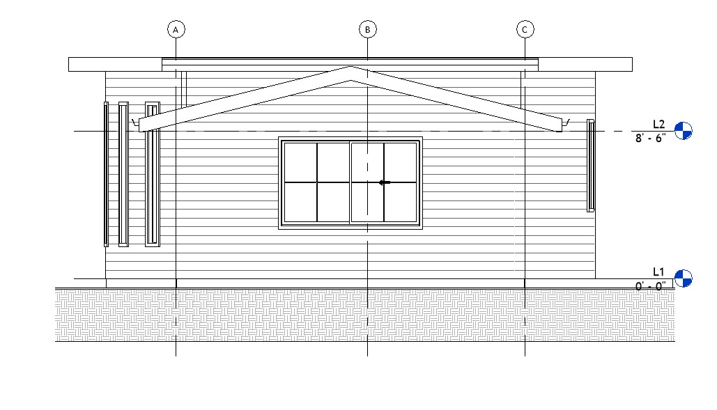 Right side elevation drawing of a 1000 sq ft 2-bedroom California ADU plan