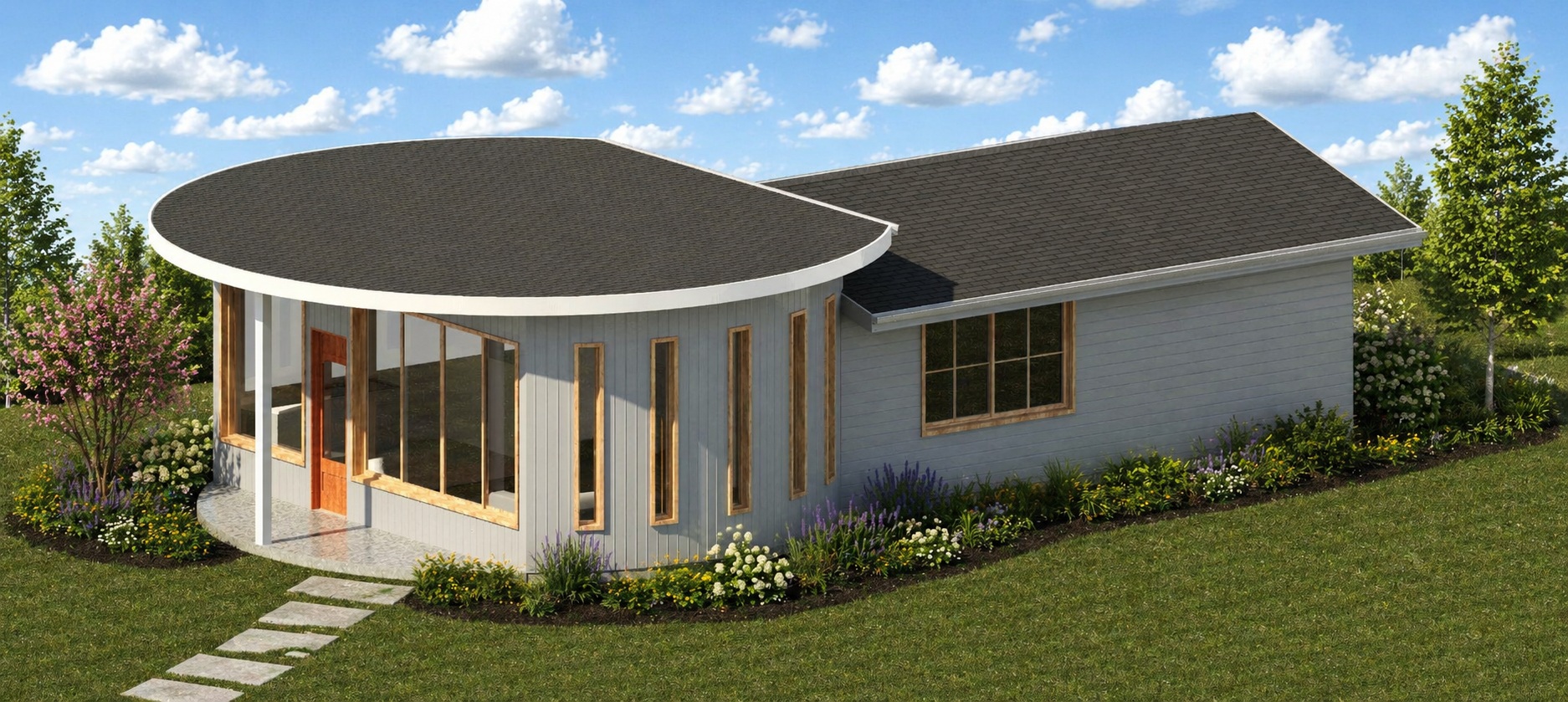 Additional exterior view of a 1000 sq ft 2-bedroom 1-story California ADU plan