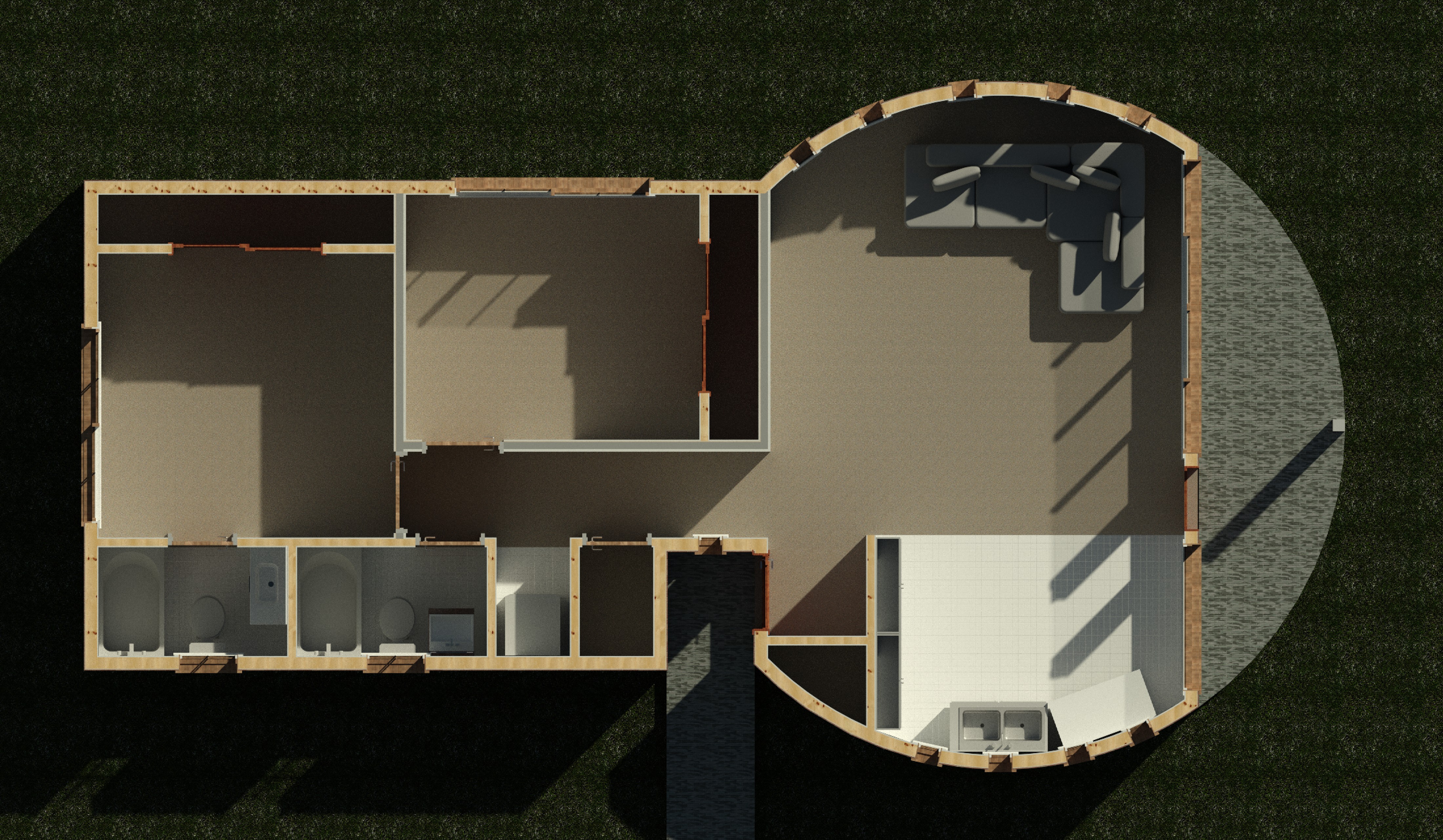 Interior cutaway showing wall partitions and layout of a 1000 sq ft 2-bedroom California ADU plan