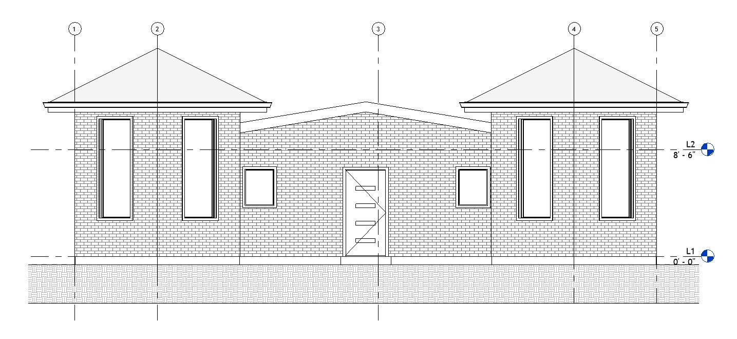 Front elevation drawing of a 1040 sq ft 2-bedroom California ADU plan