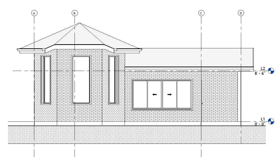 Left side elevation drawing of a 1040 sq ft 2-bedroom California ADU plan