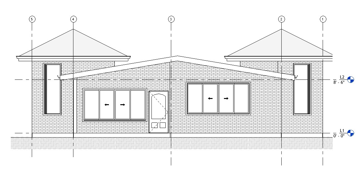 Rear elevation drawing of a 1040 sq ft 2-bedroom California ADU plan