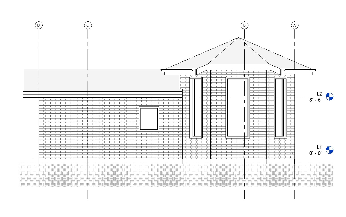 Right side elevation drawing of a 1040 sq ft 2-bedroom California ADU plan