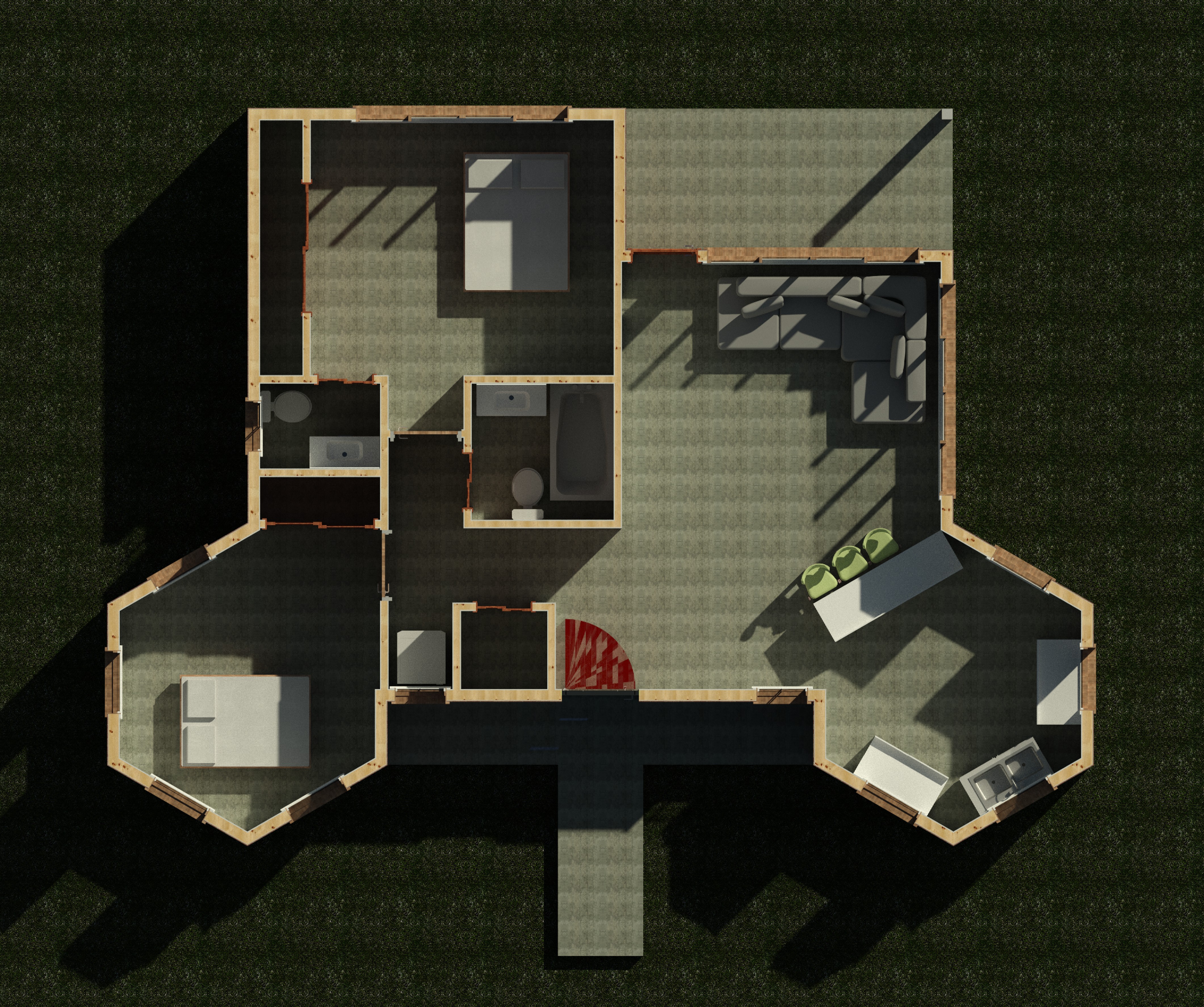 Interior cutaway showing wall partitions and layout of a 1040 sq ft 2-bedroom California ADU plan