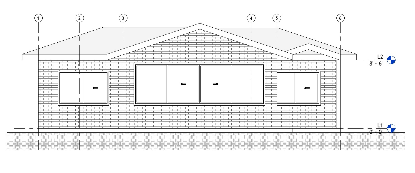 Front elevation drawing of a 1067 sq ft 2-bedroom California ADU plan