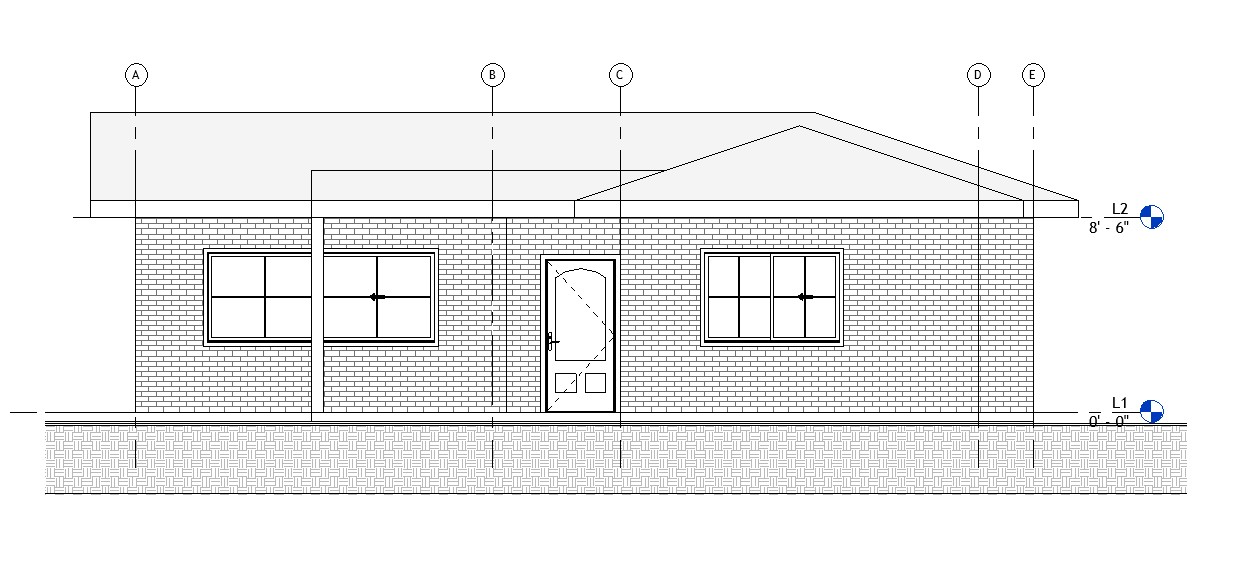 Left side elevation drawing of a 1067 sq ft 2-bedroom California ADU plan