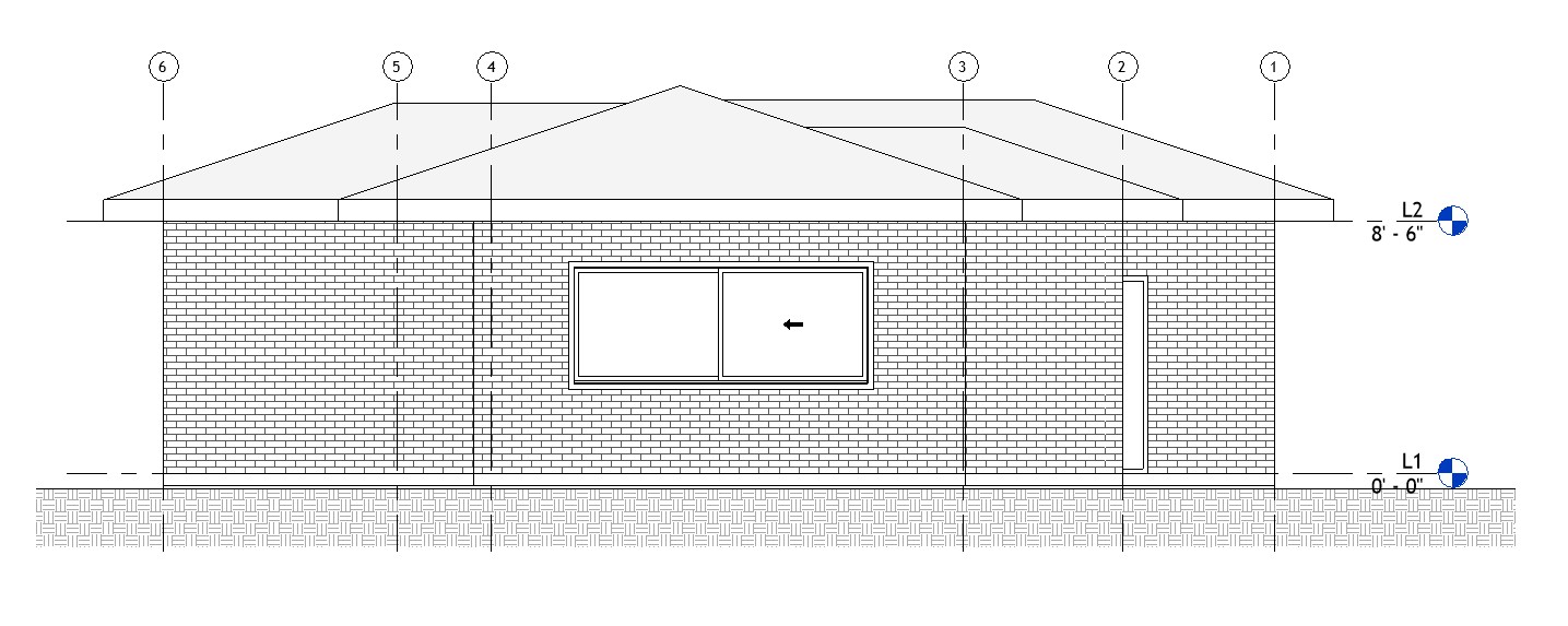 Rear elevation drawing of a 1067 sq ft 2-bedroom California ADU plan