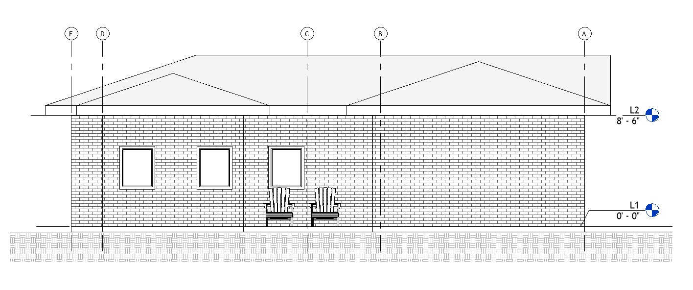 Right side elevation drawing of a 1067 sq ft 2-bedroom California ADU plan