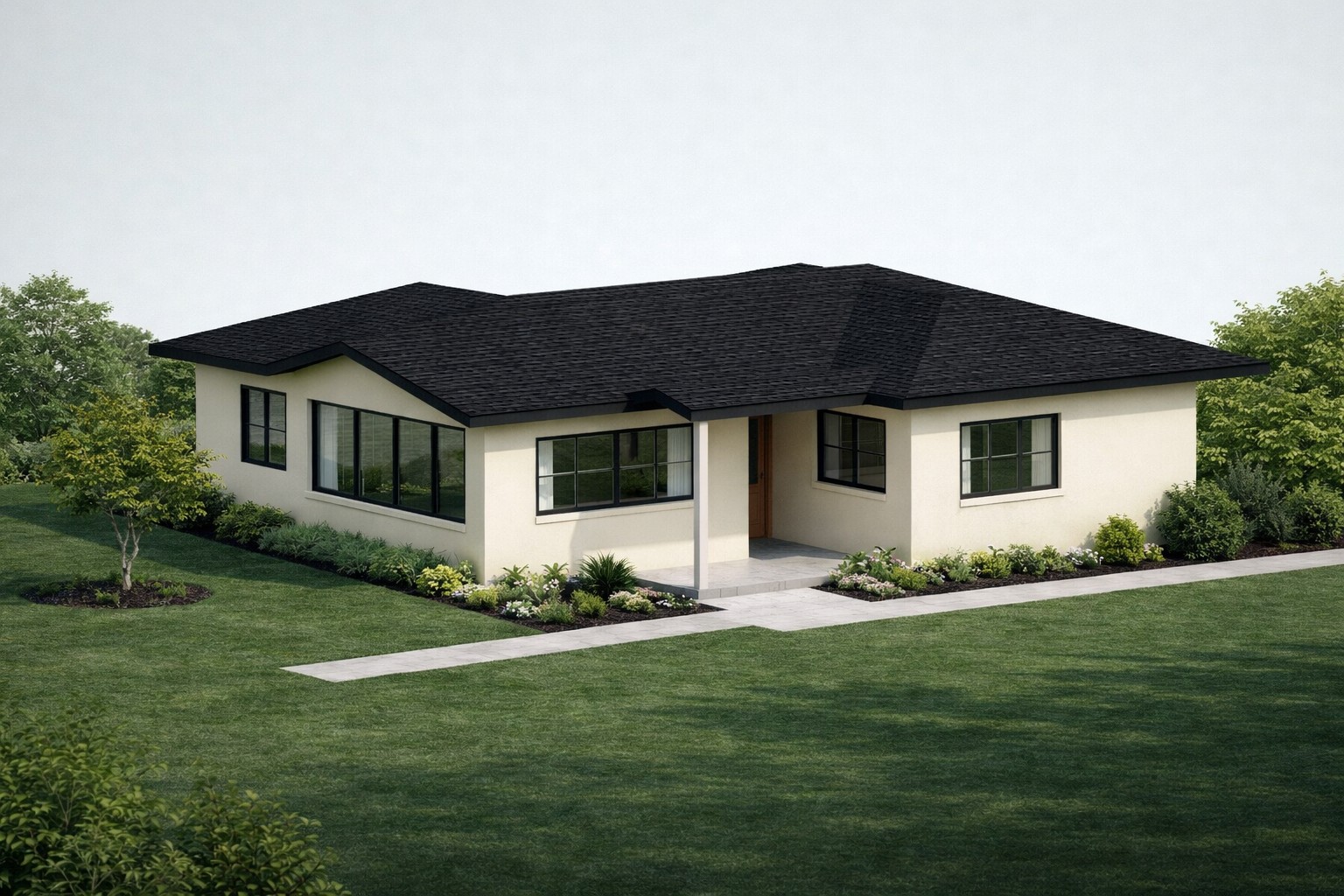 Front 3D isometric rendering of a 1067 sq ft 2-bedroom 1-story ADU plan in California