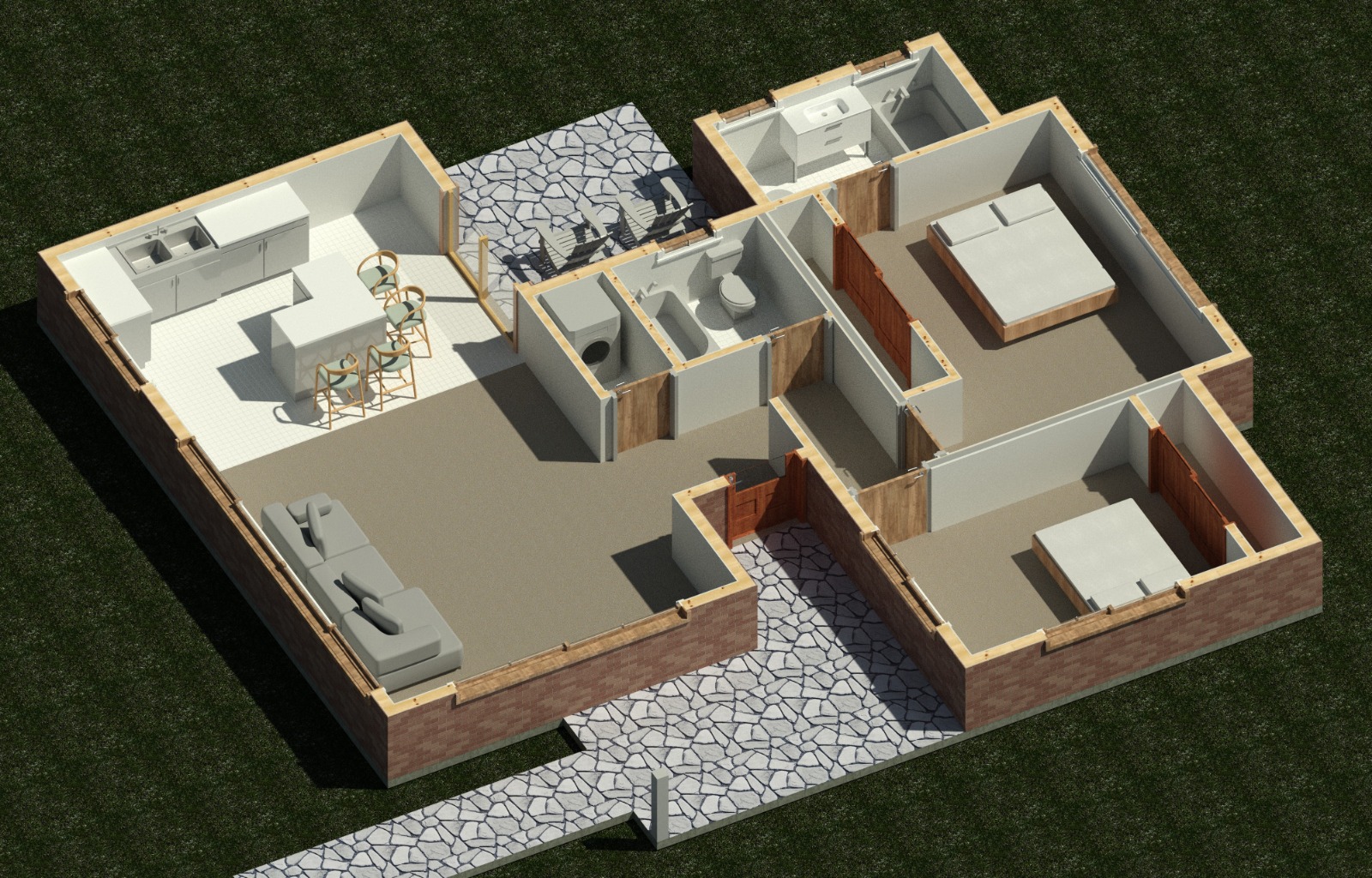 Interior cutaway showing wall partitions and layout of a 1067 sq ft 2-bedroom California ADU plan