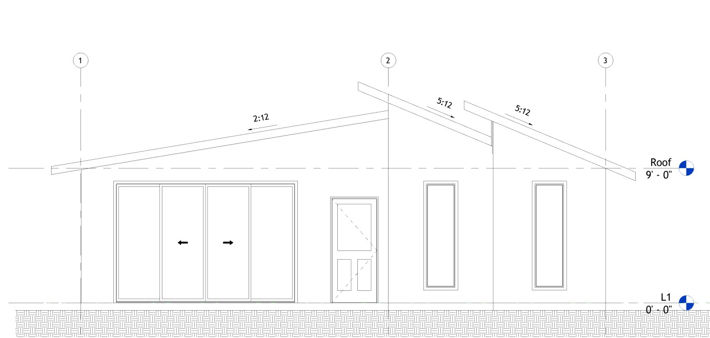 Front elevation drawing of a 1084 sq ft 2-bedroom California ADU plan