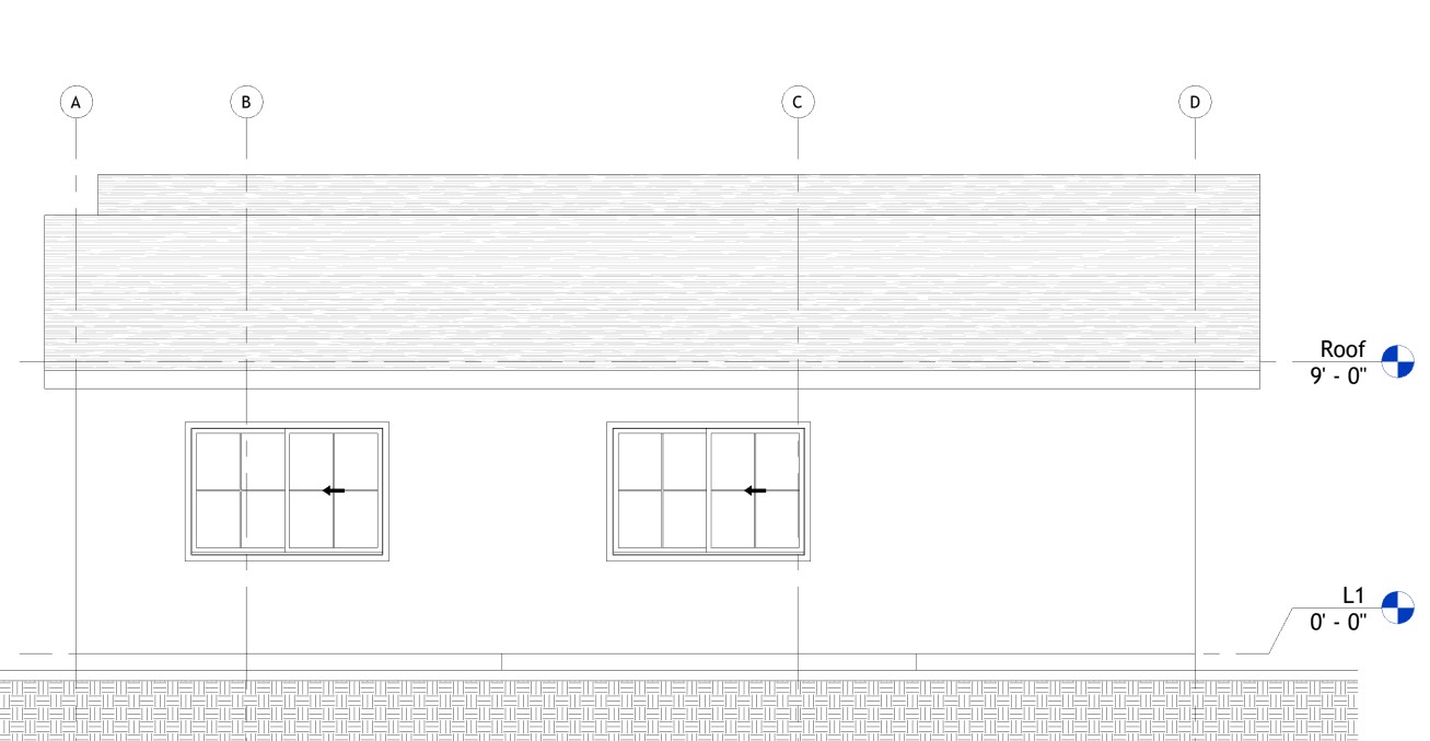 Left side elevation drawing of a 1084 sq ft 2-bedroom California ADU plan