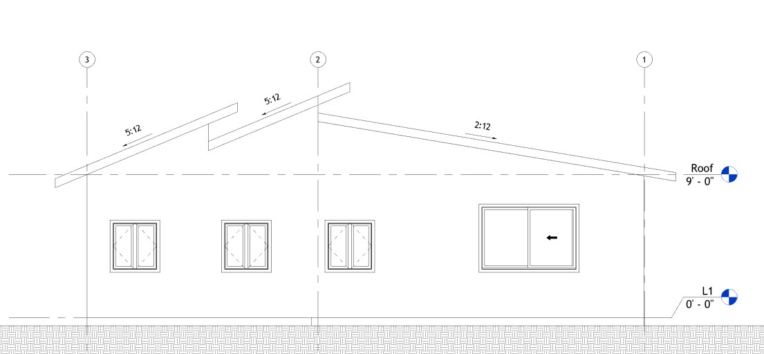 Rear elevation drawing of a 1084 sq ft 2-bedroom California ADU plan