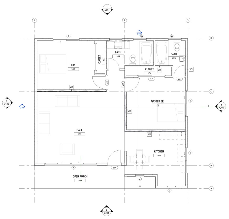 Floor plan layout of a 1084 sq ft 2-bedroom 1-story California ADU plan