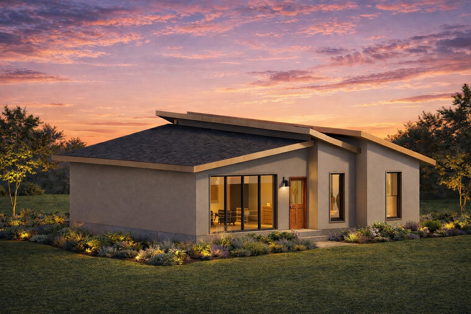 Front 3D isometric rendering of a 1084 sq ft 2-bedroom 1-story ADU plan in California