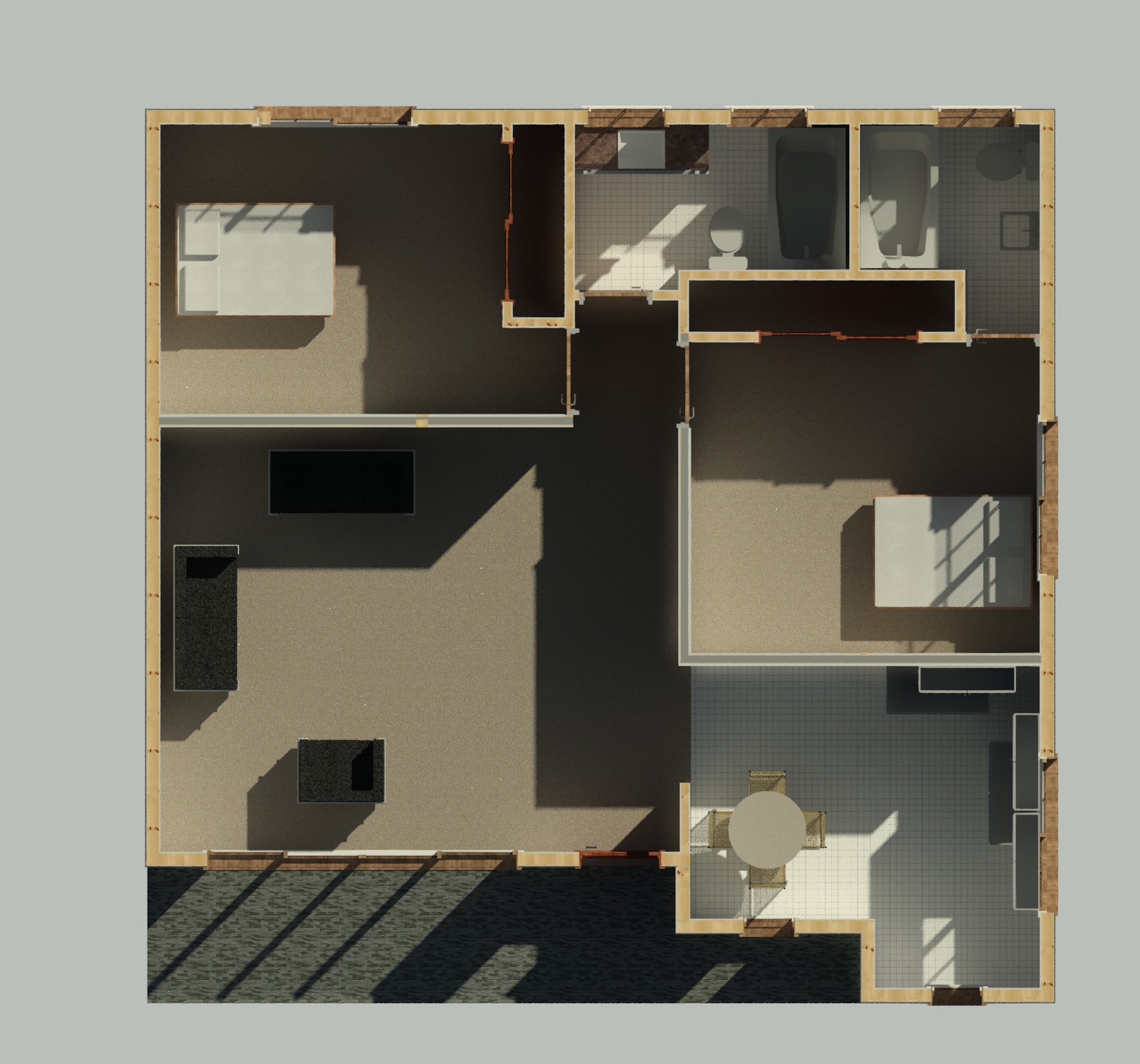 Interior cutaway showing wall partitions and layout of a 1084 sq ft 2-bedroom California ADU plan