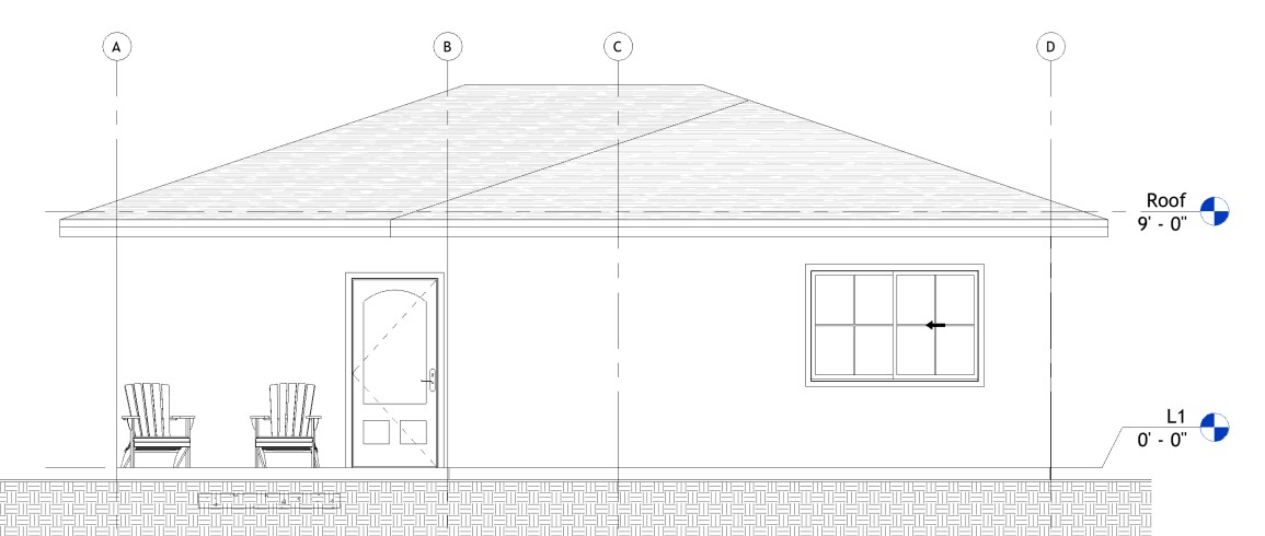 Front elevation drawing of a 1100 sq ft 2-bedroom California ADU plan