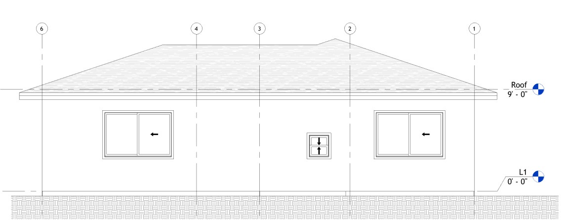 Left side elevation drawing of a 1100 sq ft 2-bedroom California ADU plan