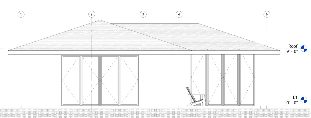 Right side elevation drawing of a 1100 sq ft 2-bedroom California ADU plan