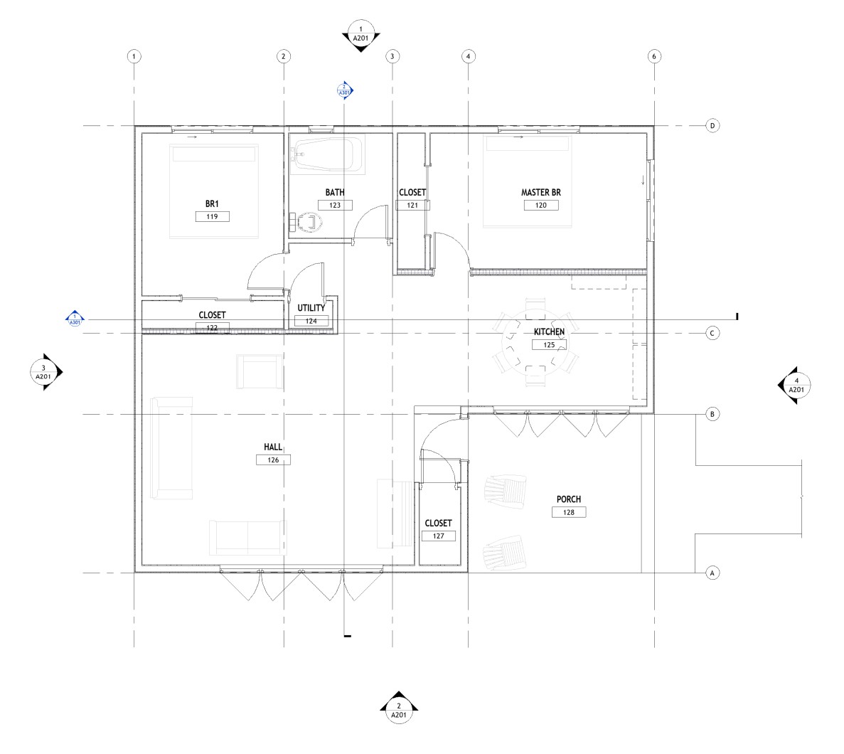 Floor plan layout of a 1100 sq ft 2-bedroom 1-story California ADU plan