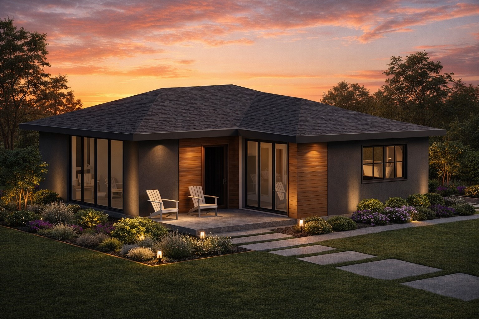 Front 3D isometric rendering of a 1100 sq ft 2-bedroom 1-story ADU plan in California