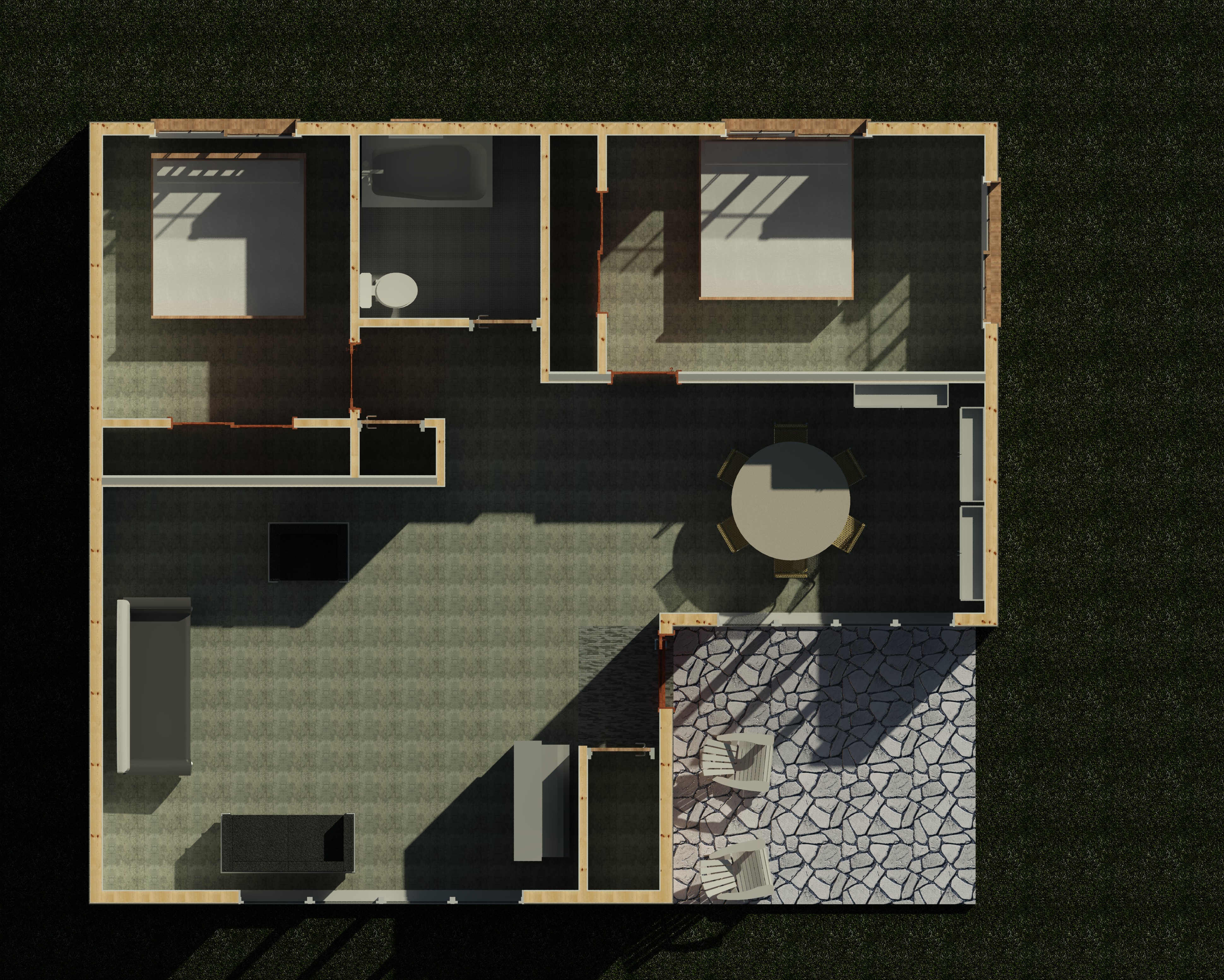 Interior cutaway showing wall partitions and layout of a 1100 sq ft 2-bedroom California ADU plan