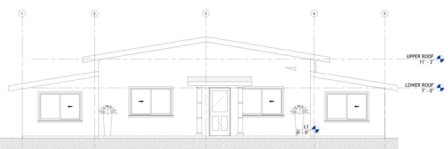 Front elevation drawing of a 1133 sq ft 2-bedroom California ADU plan