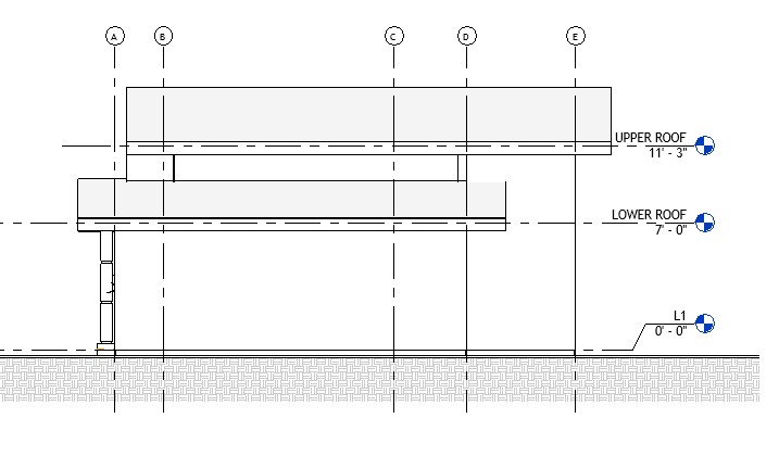Left side elevation drawing of a 1133 sq ft 2-bedroom California ADU plan